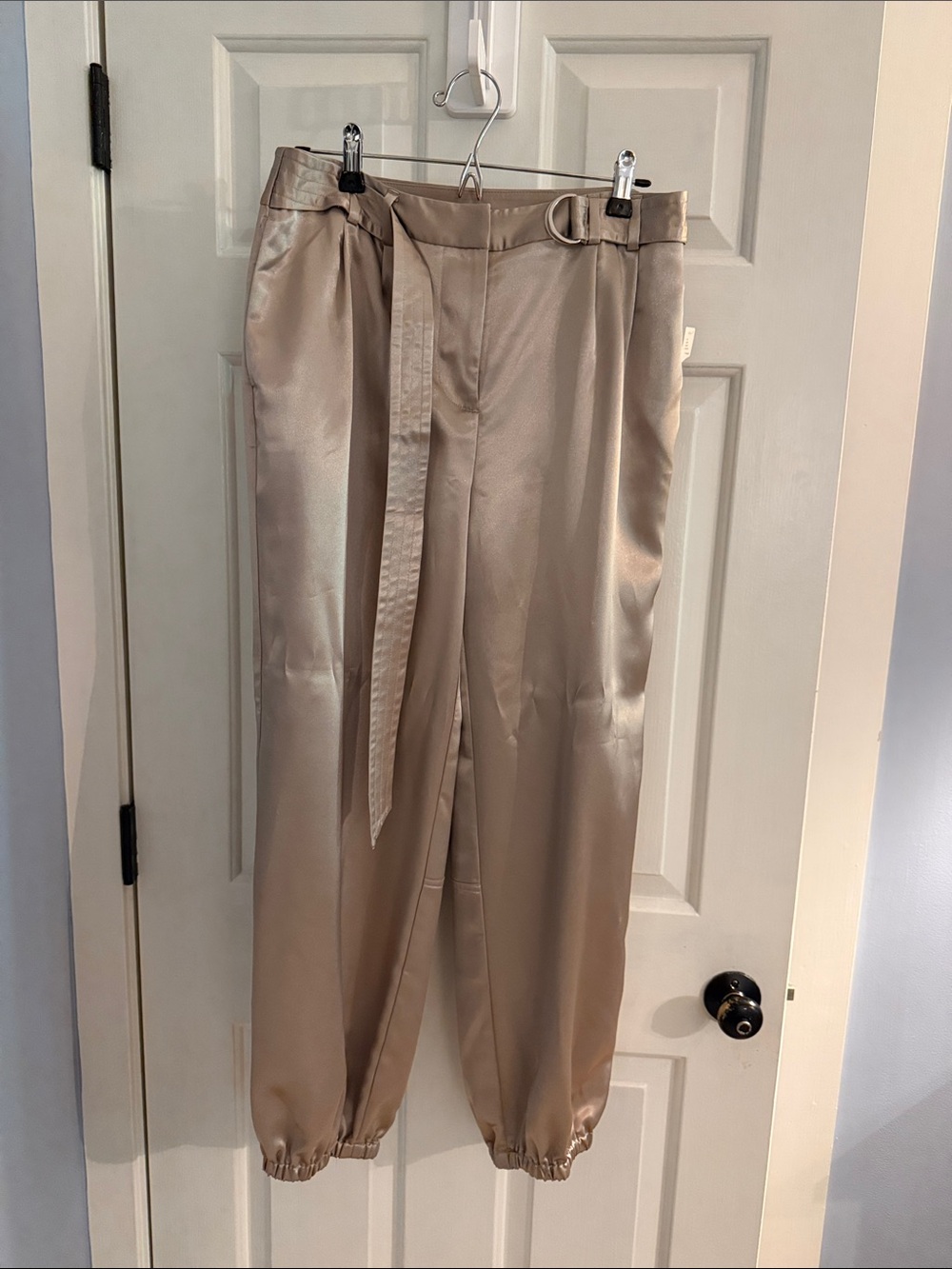 NEW Maeve Anthropologie Satin Jogger Pants Womens Size 8 Beige Belted Belted